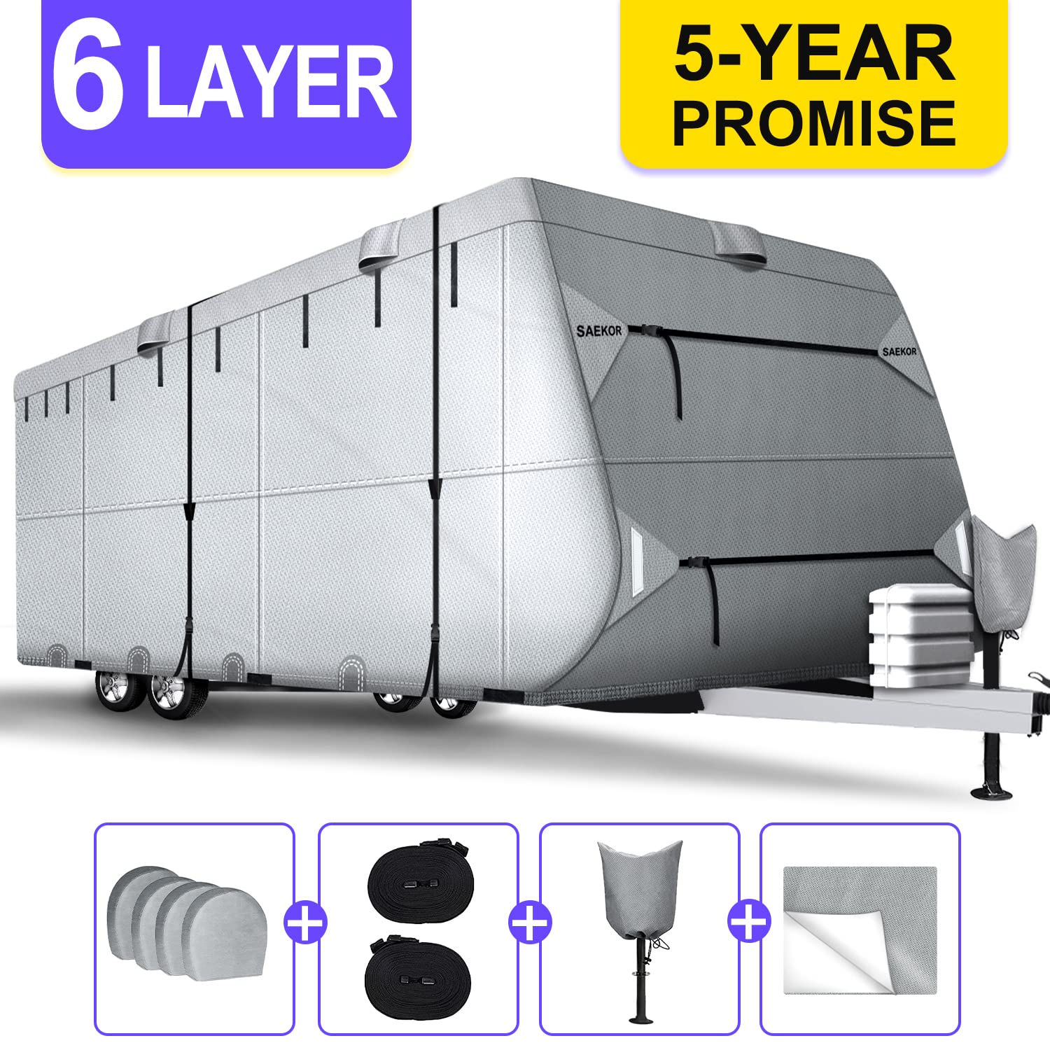 6 Layers Anti-UV Top Travel Trailer RV Cover for 22.1'-24' RV, 250 GSM for SPF50+ Ripstop Camper Cover + 4 Tire Covers + 2PCS 43' Windproof Straps + Tongue Jack Cover + Gutter Cover for No Tearing