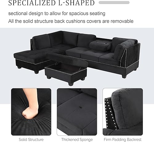 Miniatura 7 de L Shaped Modular Sectional Sofa with Chaise Lounge and Storage Ottoman , Reversible Sleeper Corner Couch w Drop Down Backrest & Cupholders ,5