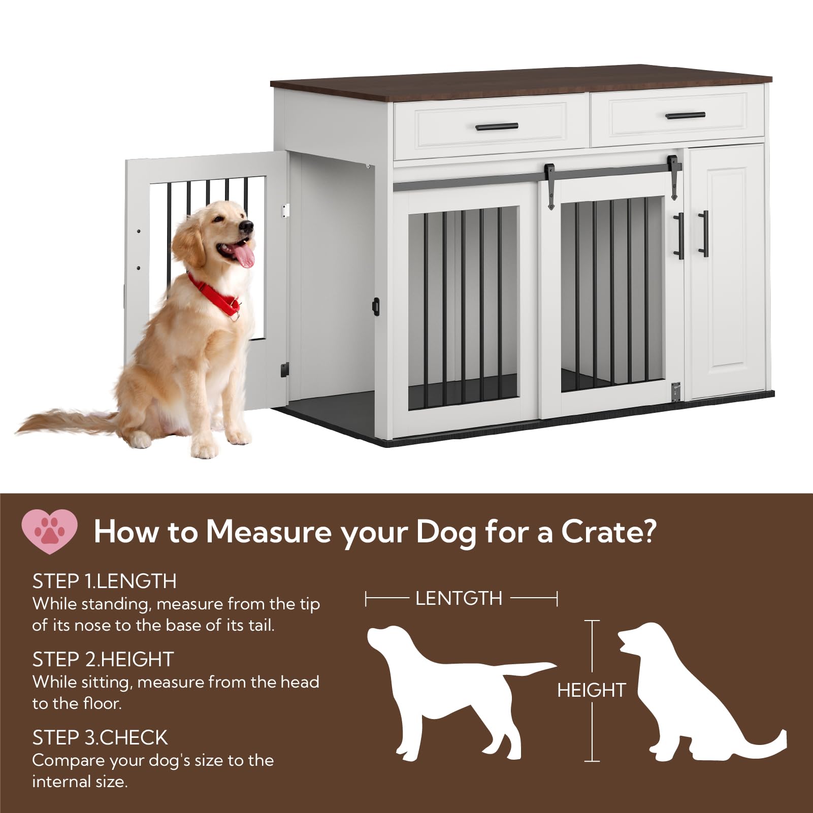 Möbelstil Hundebox, Holzbox mit Schiebetüren, Hundehütte mit 2 Schubladen und Lagerung Schrank, 2-türige Hundekiste für mittelgroße/große Hunde, Indoor Tierhaus, Weiß