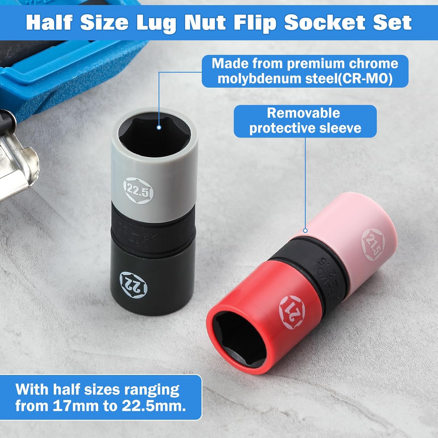 1/2 Inch Drive Impact Socket Set Double Side Socket Flip Socket Set 6-Point Thin Wall Wheel Lug Nut Socket Set Includes 3-Inch Impact Extension Bar and Knockout Bar, Metric 17-22.5mm