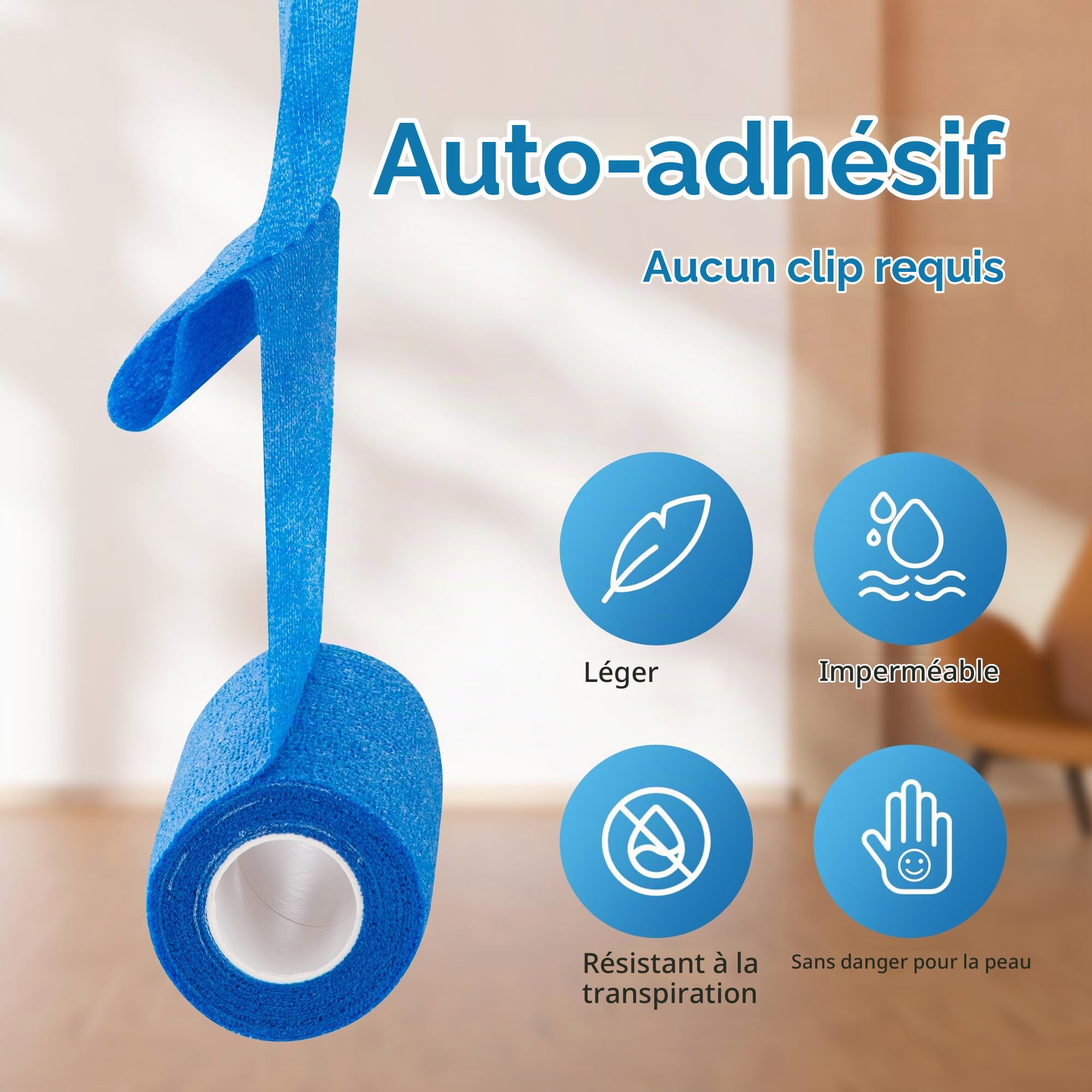 Bande Cohesive Veterinaire 10cm X 4.5m, Bande élastique Auto-adhésive pour la Protection du Poignet et de la Cheville (Bleu)