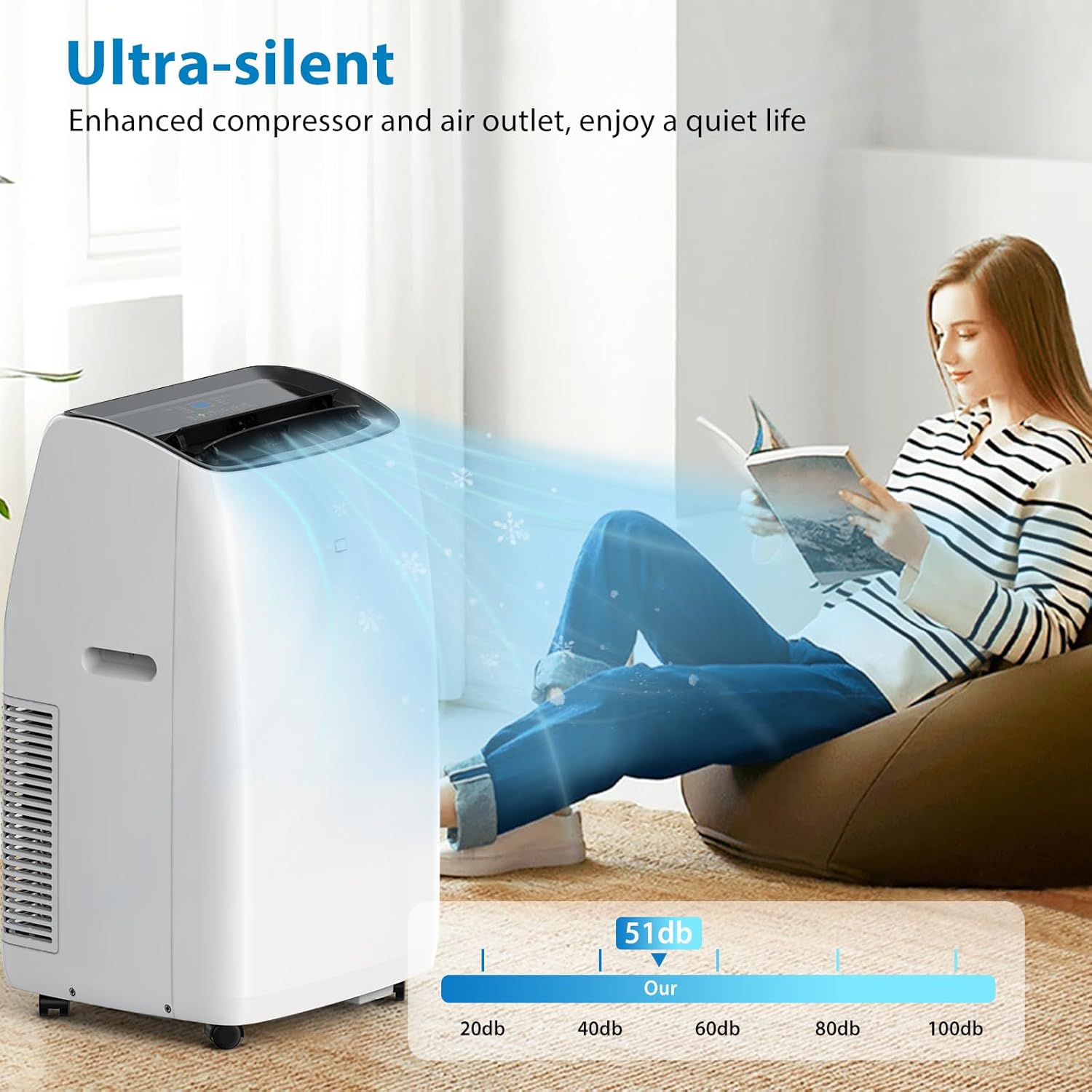 An image depicting a person reading quietly in a room with the GarveeTech portable air conditioner operating, illustrating its ultra-silent feature with a noise level comparison bar showing 51dB for 'Our' unit against other noise levels.