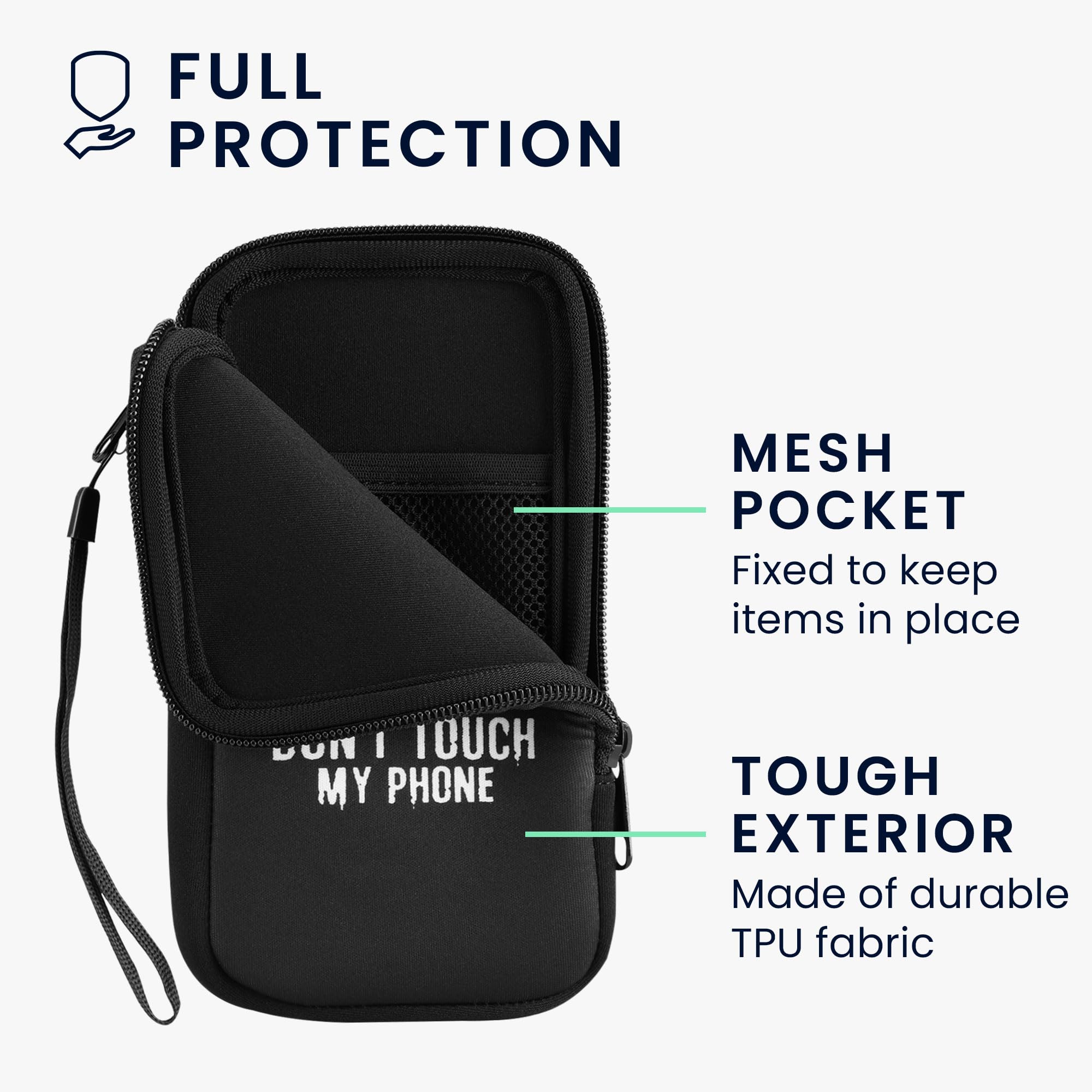 kwmobile Custodia in neoprene con zip per smartphone XXL - 7" - Astuccio portacellulare a sacchetto con cerniera - Borsa verticale - Don't touch my phone bianco/nero
