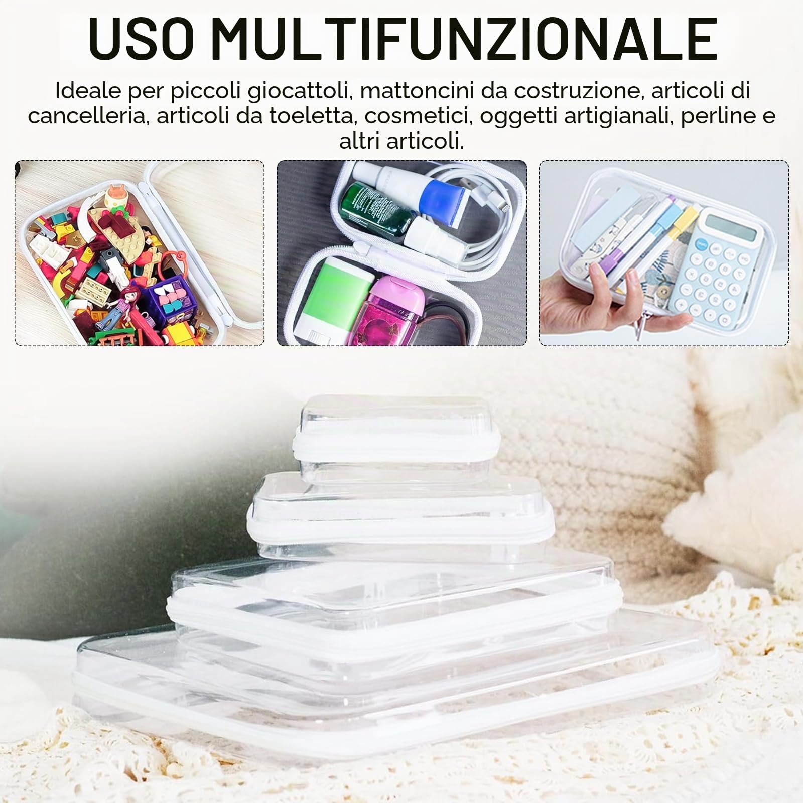 Borse Portaoggetti, 8 Pezzi Borsa Rigida con Doppie Cerniera Scatola Trasparente con Cerniera in 4 Misure Trousse Trucchi Donna in Plastica per Giocattoli Cosmetici Articoli da Toeletta