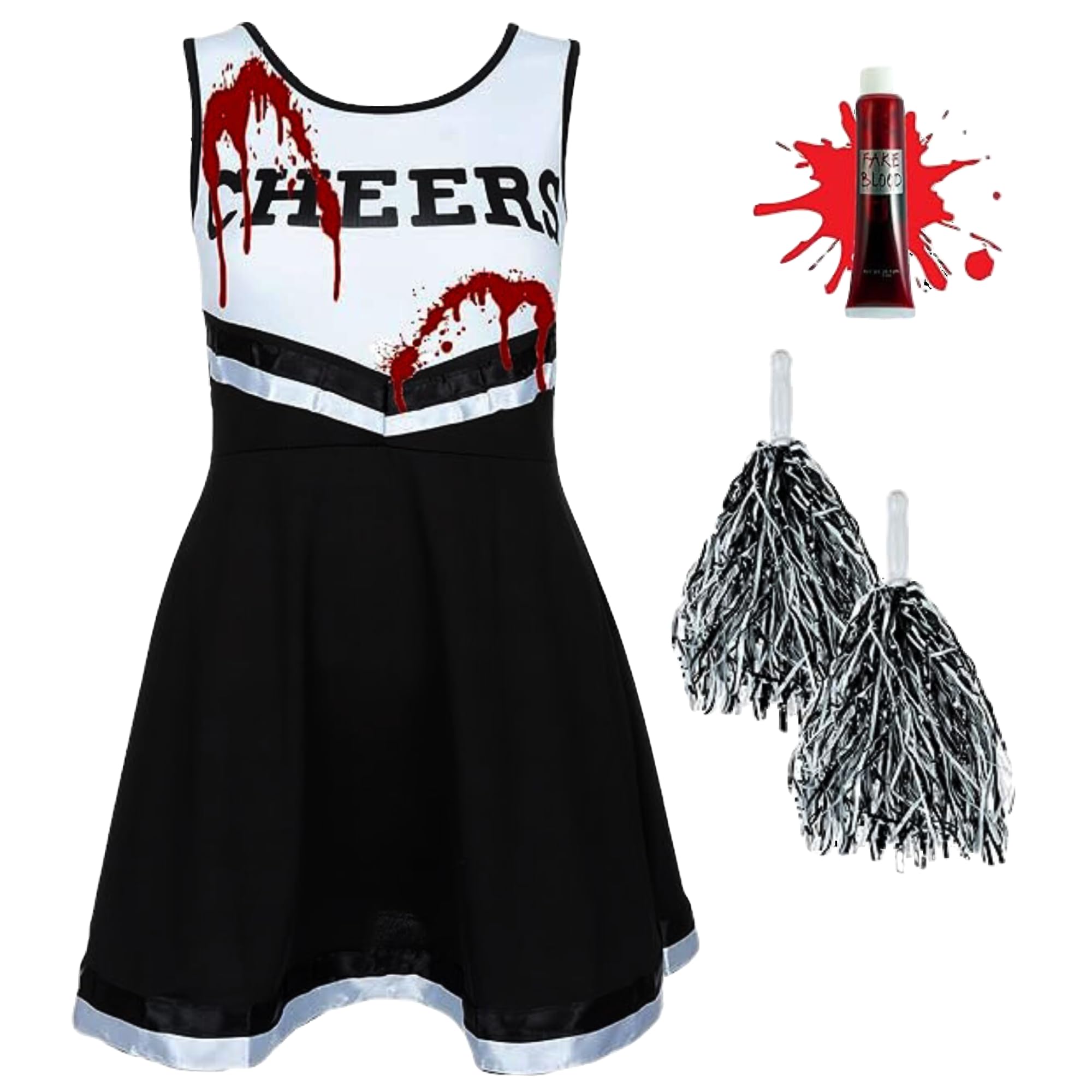REDSTAR Disfraz de Animadora Zombie para Niña con Tubo de Sangre Falsa - Disfraz de Cheerleader Americana con Pompones - Disfraz de Halloween de Colegiala Zombi para Fiestas Infantiles