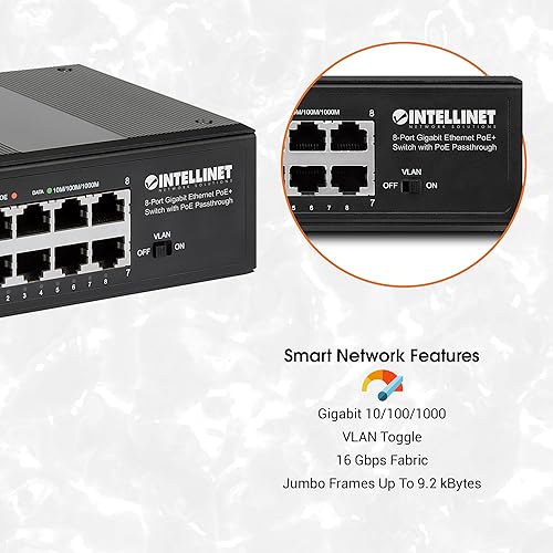 Miniatura 7 de Intellinet Conmutador Ethernet Gigabit de paso PoE industrial de 8 puertos - con 1 entrada Gigabit PoE, 7 salidas Gigabit PoE, 120 W de presupuesto