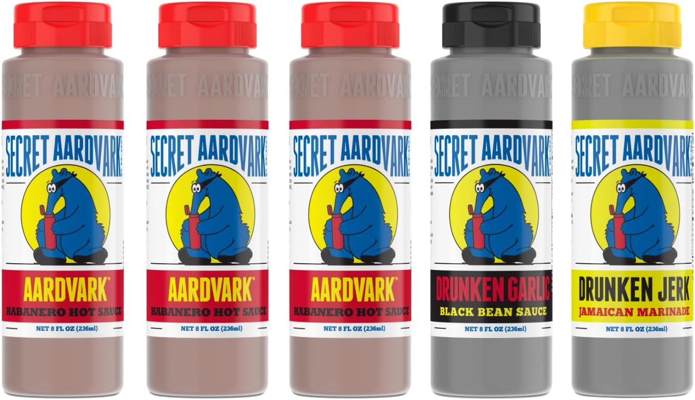 Secret Aardvark Hot Sauce Variety Pack - Drunken Jerk, Drunken Garlic, and Habanero Hot Sauce, Low Carb, Hot Sauce & Marinade Gift Set - 8 fl oz 5 Pack