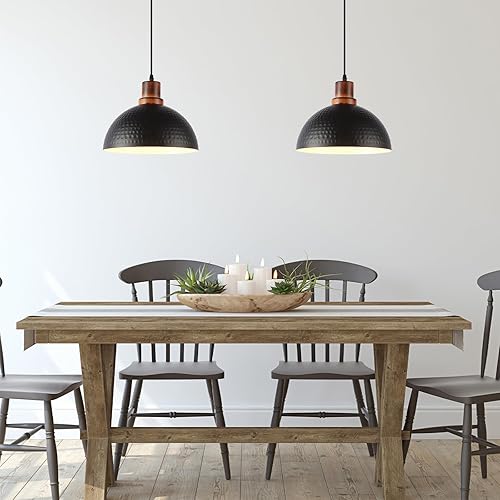 Miniatura 8 de Luces colgantes negras para isla de cocina, 11.8 pulgadas de metal martillado negro cúpula colgante iluminación colgante de madera y negro para