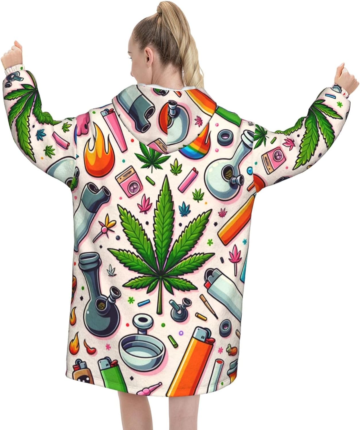Augenstern Oversized Adult Long Sleeve Flannel Hoodie Blanket Weed-Pot-Cannabis-Funny Soft Fuzzy Hooded Sweatshirt Lounging Pullover
