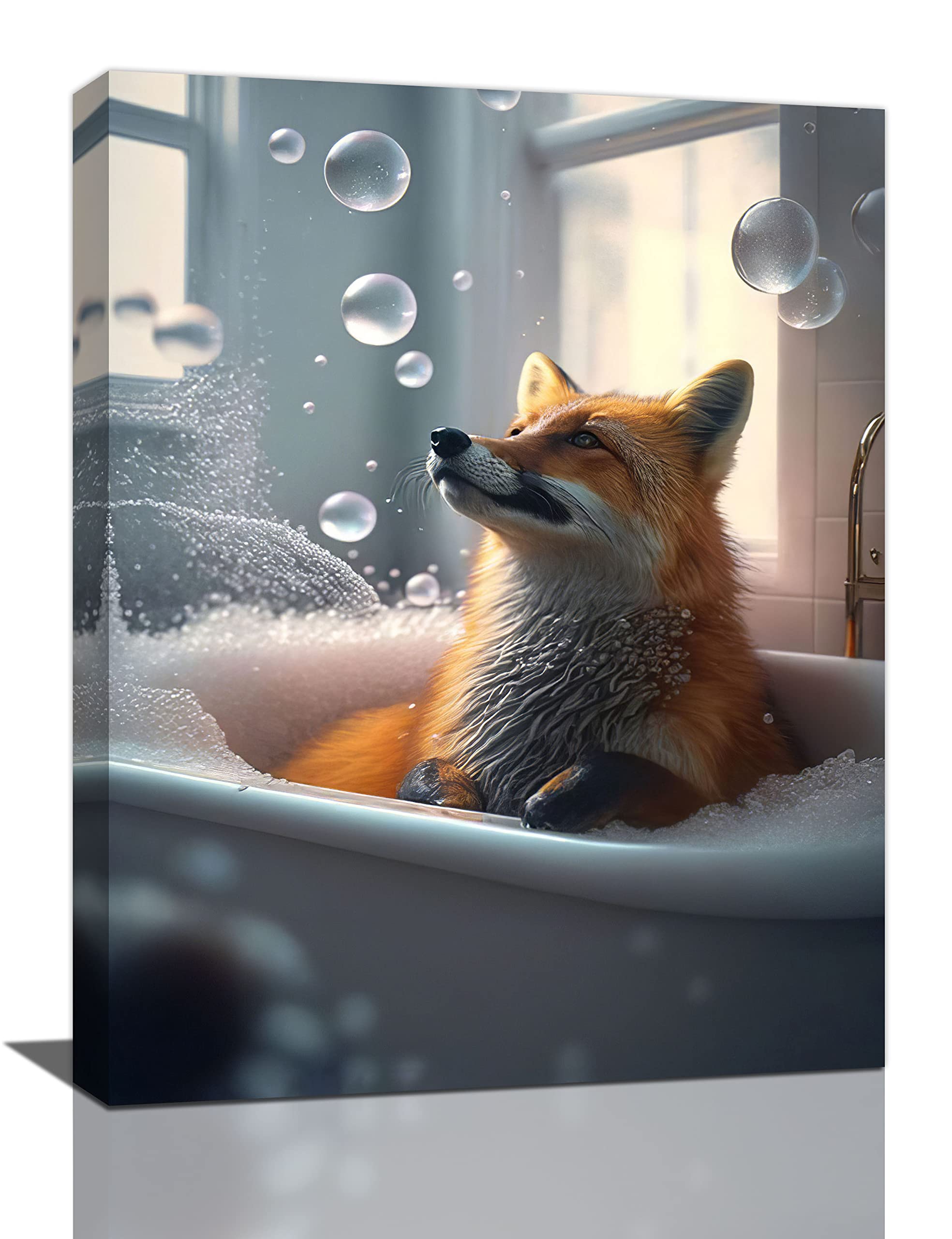 YibudaFox Bathroom Wall Art Cute Fox In Bathtub Bathroom Pictures Wall Decor Wildlife Bathroom Canvas Print Painting Framed Modern Home Bathroom Decorations Artwork For Restroom 12"x16"