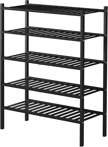 Miniatura 7 de Zapatero de bambú de 5 niveles para armario independiente, estante de zapatos de madera para entrada, espacio pequeño, apilable 27"x11"x33" (negro)