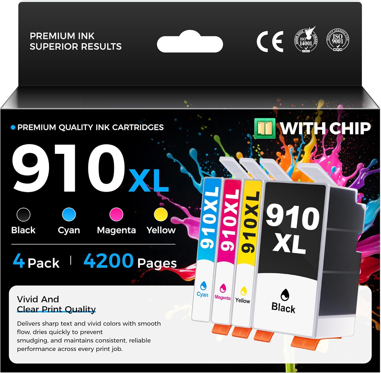 910XL Ink Cartridges Combo 4-Pack High Yield Replacement for HP 910XL 910 Ink Compatible with HP OfficeJet 8010 8020 Pro 8030 8015e 8025e 8028 8035 8018 8022e Printers Color Black Cyan Magenta Yellow