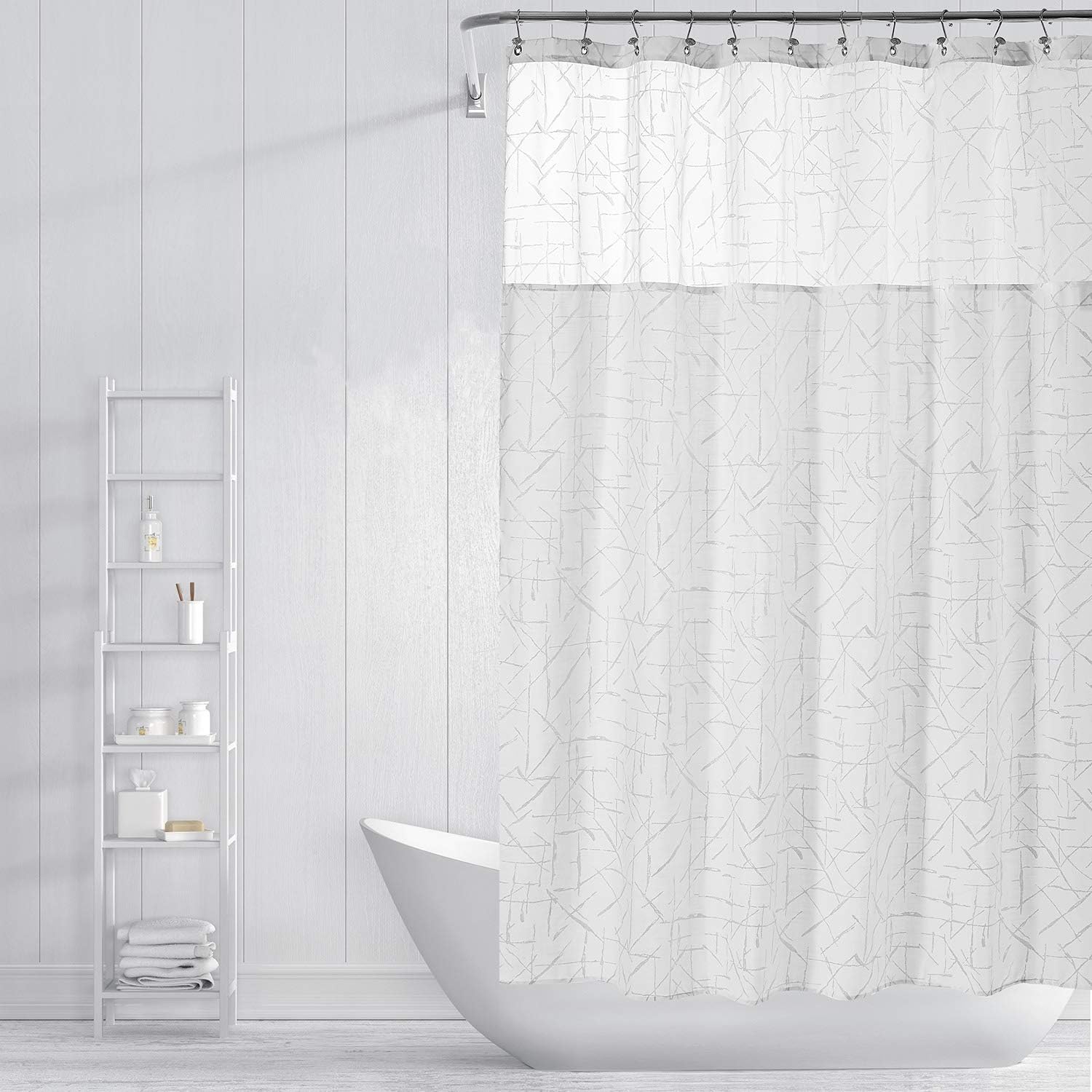 ALYVIA SPRING Silver Foil White Shower Curtain with Faux Linen Polyester Fabric - Irregular Pressed Geometric Pattern, Top Mesh Window - White/Silver, 71x72