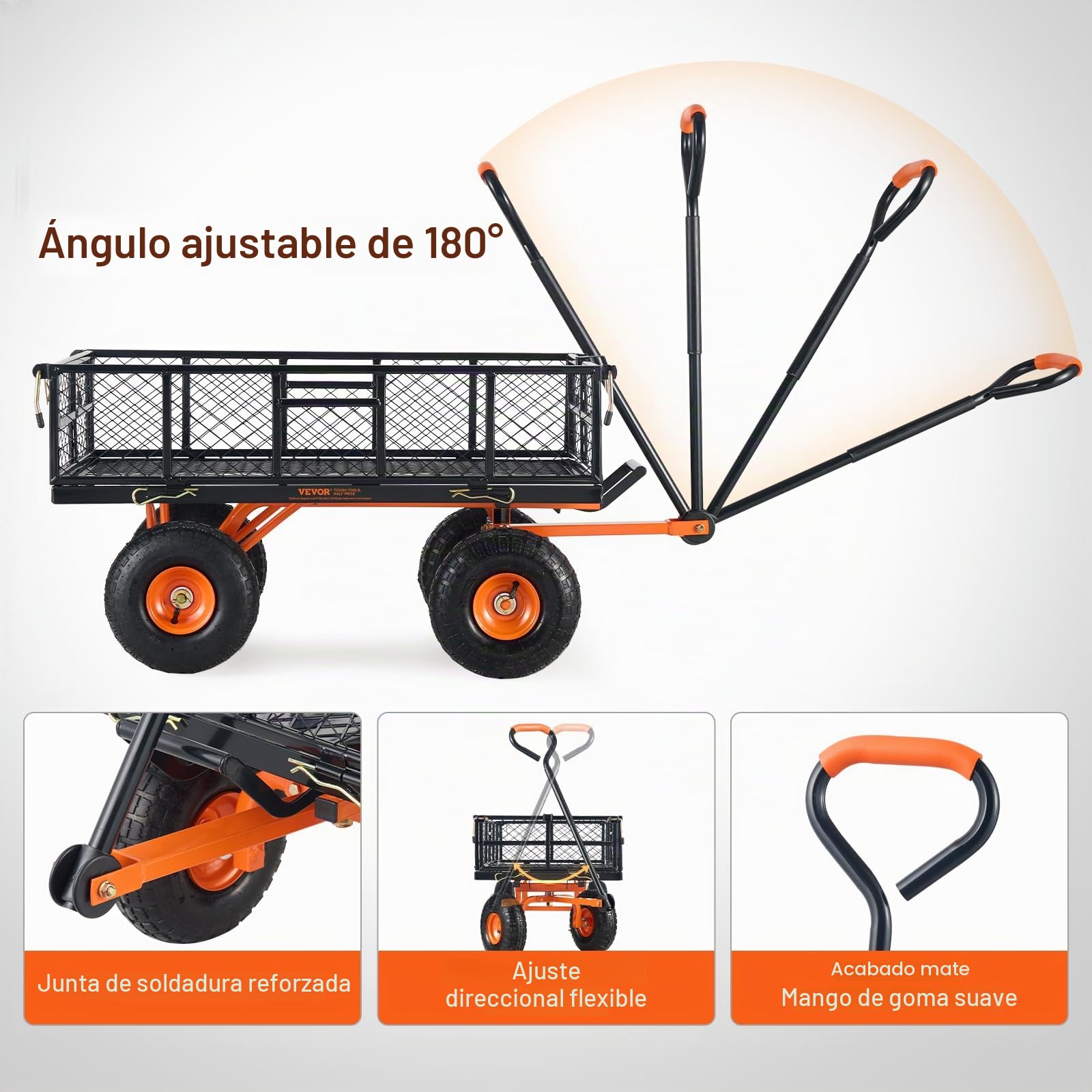 VEVOR Carro Volquete de Metal para Jardín con Marco de Acero Fácil de Montar, 2 en 1 Carro Volquete con Mango Convertible con Neumáticos de 255 mm, 181 kg de Gran Capacidad para Jardín, Patio