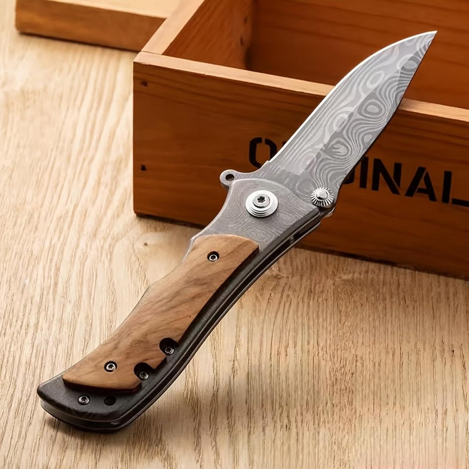 Custom Damascus Folding Knife Portable Personalized Wooden Handle Engraving Knife with Wooden Gift Box Customized Gift for Him Boyfriend Husband Birthday Anniversary Father's Day