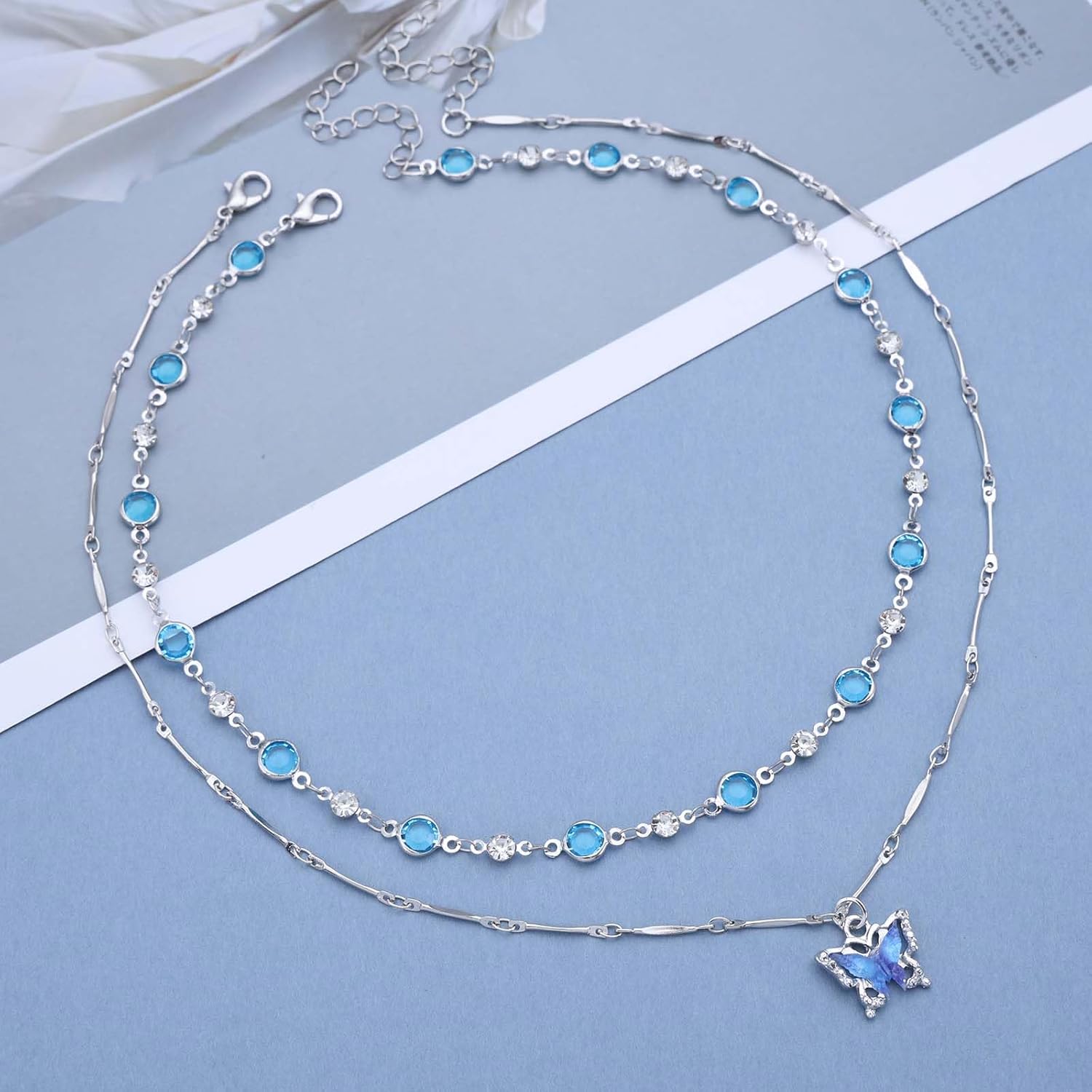 Vintage Layered Crystal Sapphire Butterfly Necklace Sapphirre Rhinestone Butterfly Choker Necklace Blue Crystal Chain Necklace Silver Cz Rhinestone Butterrfly Necklace for Women - Image 3