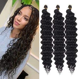 ZRQ 24 Inch Ocean Wave Crochet Hair 3Packs Natural Black Deep Wave Curly Wavy Crochet Braiding Hair Synthetic Braids Hair Extension For Black Women #1B