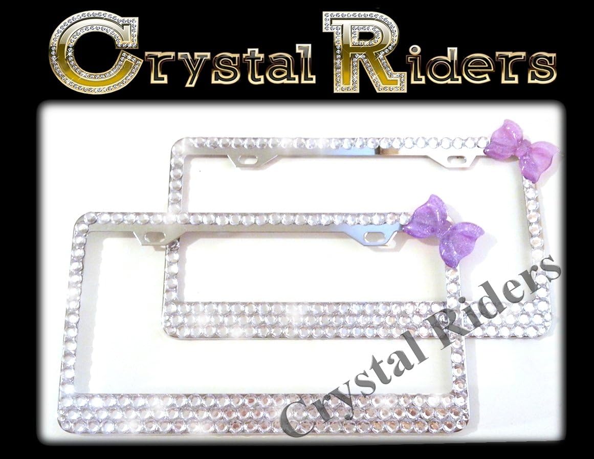 PAIR OF 2 Bling License Plate Frame 3 ROWS GLITTERY PURPLE BOW with Crystals Clear Metal Chrome Zink Alloy Holder Sparkly Sparkle Custom Hand Made Hand Crafted 2 SET TWO VIOLET
