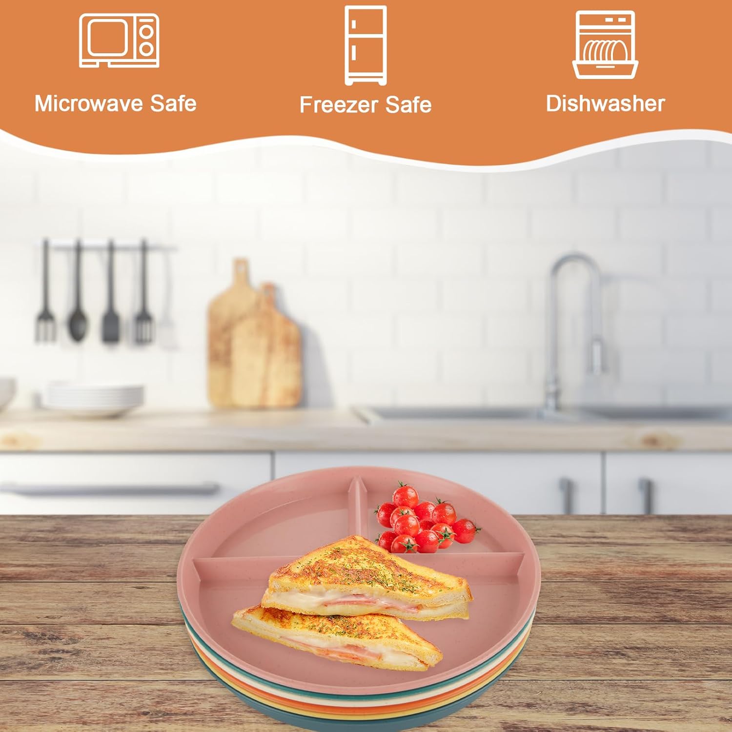 12Pcs Portion Control Plate, Divided Plates For Adults, 9 inch Divided Plate, Unbreakable Divided Dinner Plates, Reusable Diet Plate, BPA Free, Dishwasher & Microwave Safe, 6 Color