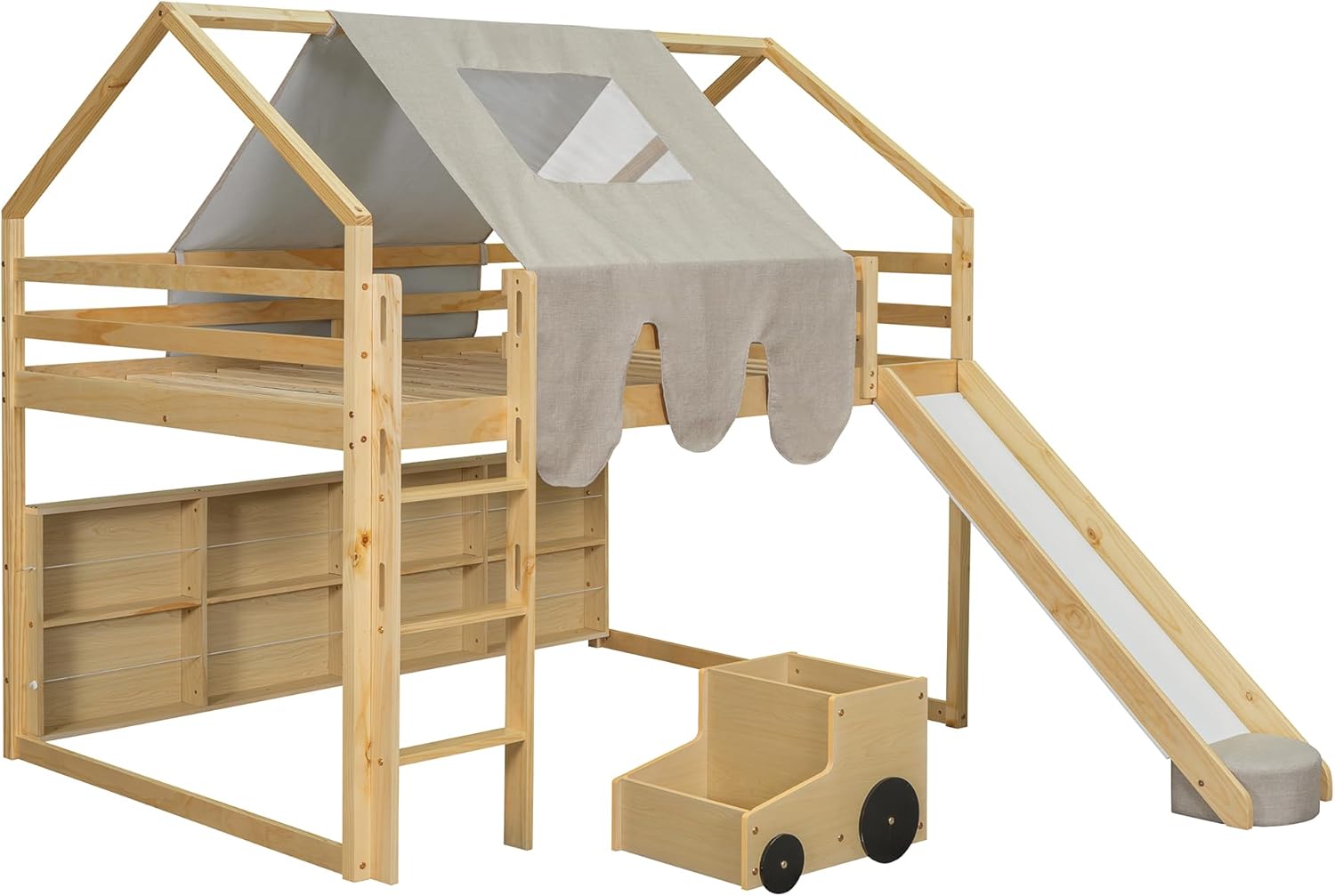 LZ LEISURE ZONE Full Size Loft Bed with Slide, Wooden Full House-Shaped Frame with Ladder, Shelves and a Tent, Natural