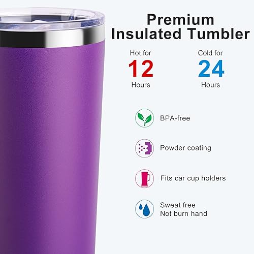 Miniatura 3 de koodee Vaso aislado de 24 onzas con asa, acero inoxidable, doble pared, taza de café de viaje con tapa, a prueba de sudor y derrames (morado)