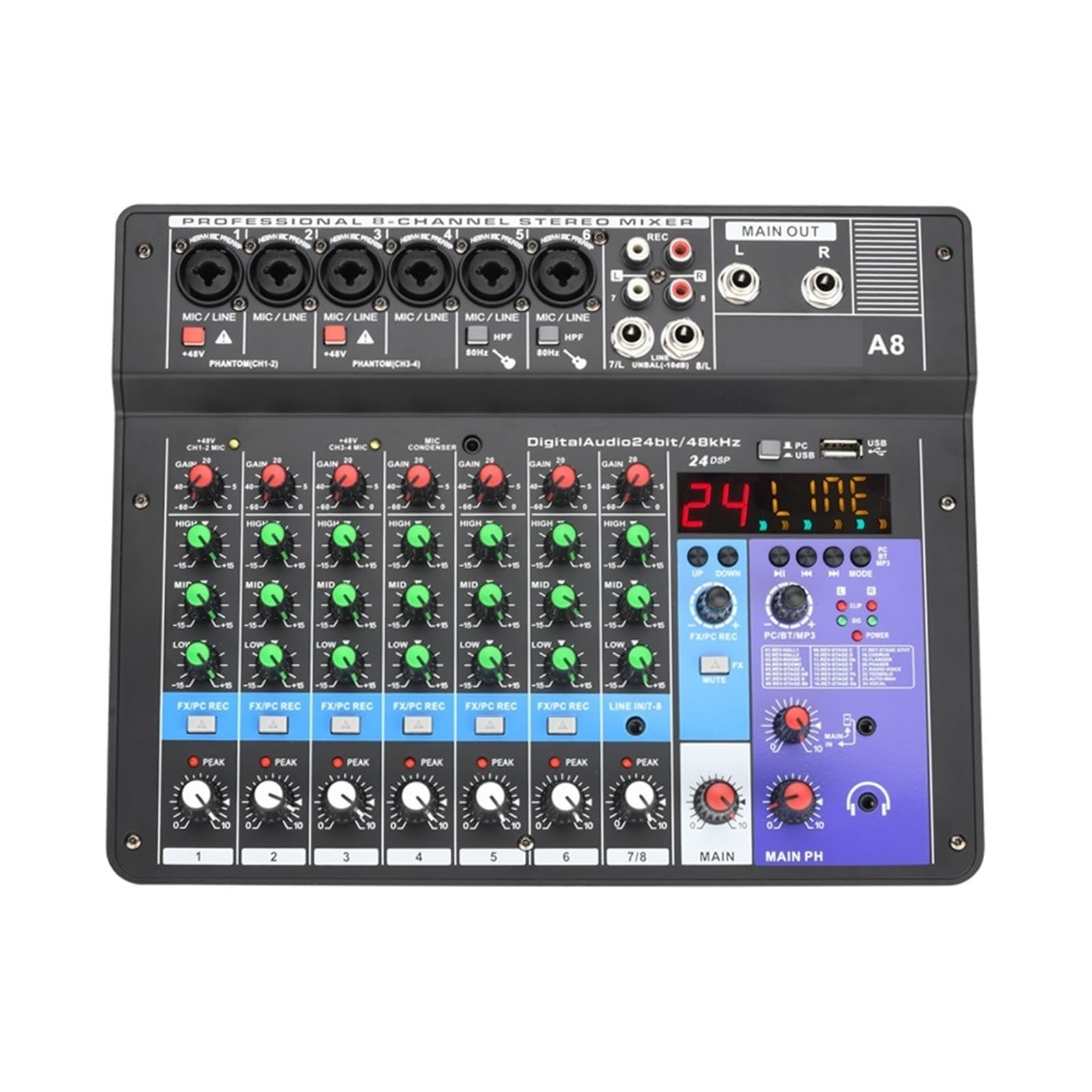 Audiomixer, 8-Kanal-DJ-Sound-Mischpult 24 DSP-Effekt-Audio-Mixer PC USB-Wiedergabe Aufnahme 48V Contoller Mischpult A8 für Studio-Karaoke