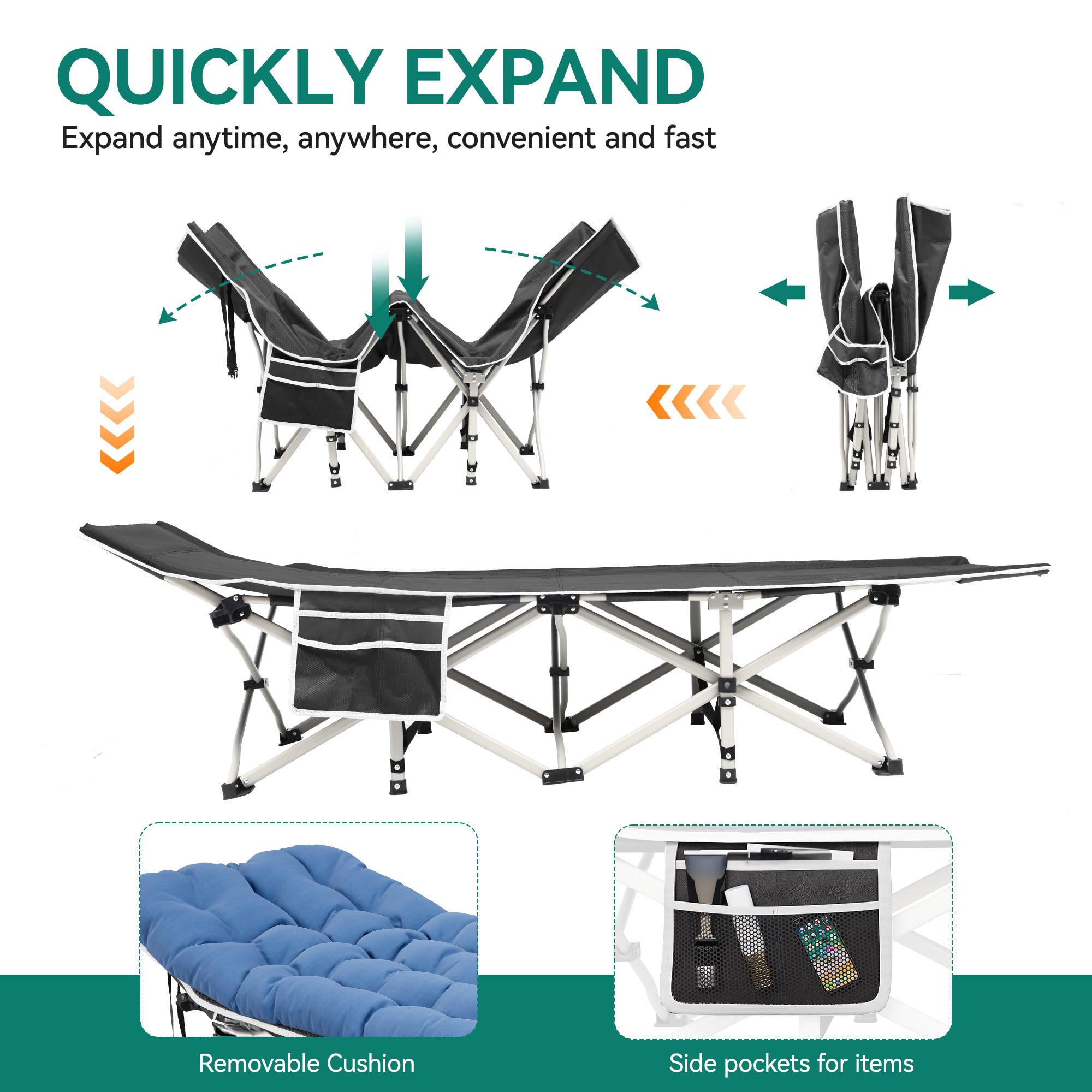 YITAHOME Camping Cots w/Mattress Portable Lounge Chair Outdoor Folding Cot Heavy Duty 575 LB Capacity 1200D Oxford w/Carry Bag Travel Camp Bed for Camping, Office, Traveling, Navy Blue