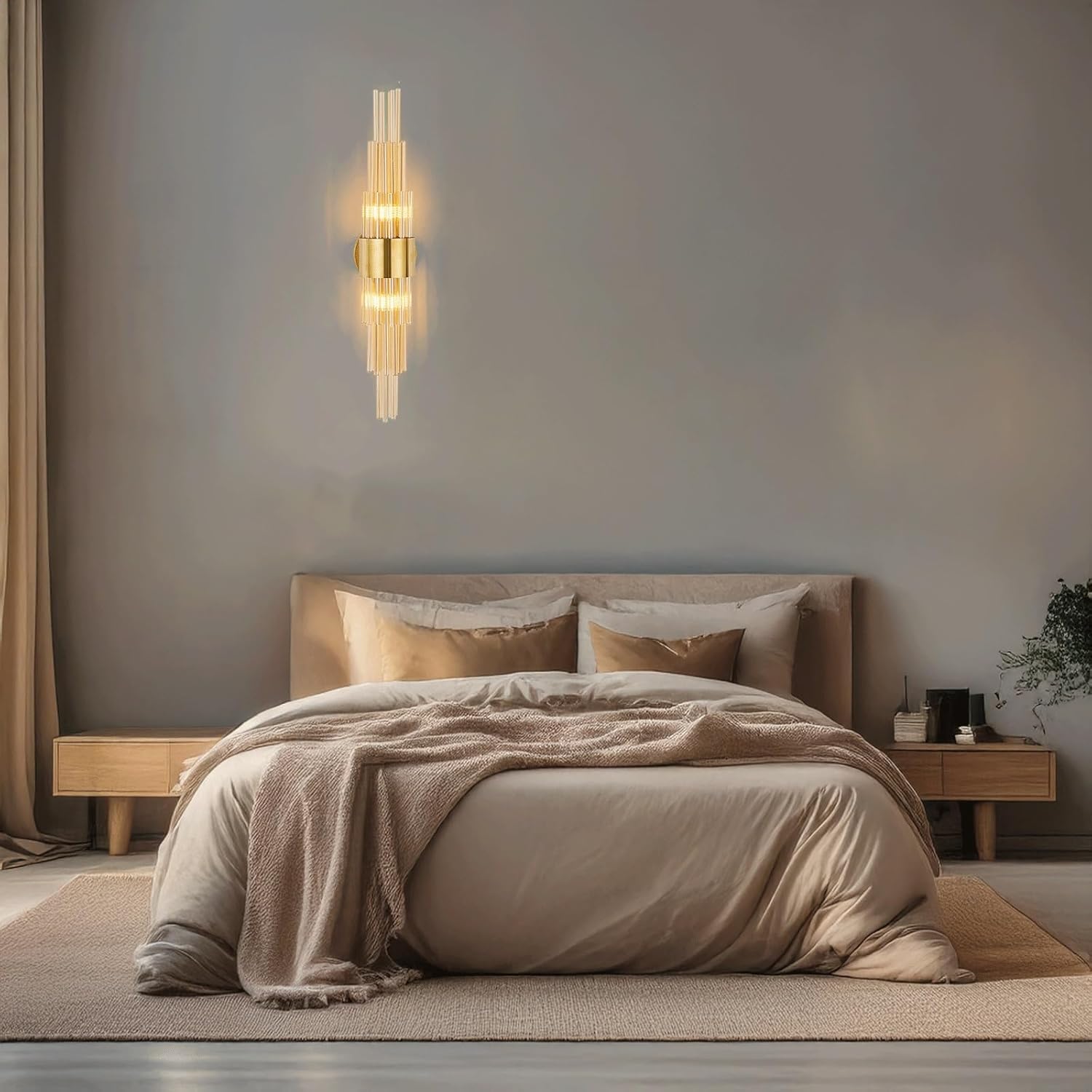 Modern Luxury Wall Sconce Gold Metal Frame Multi-Row Glass Rod Design Wall Lamp for Living Room Bedroom Hallway Restaurant Lounge Café Entryway Art Decor Elegant Vertical Ambient Lighting