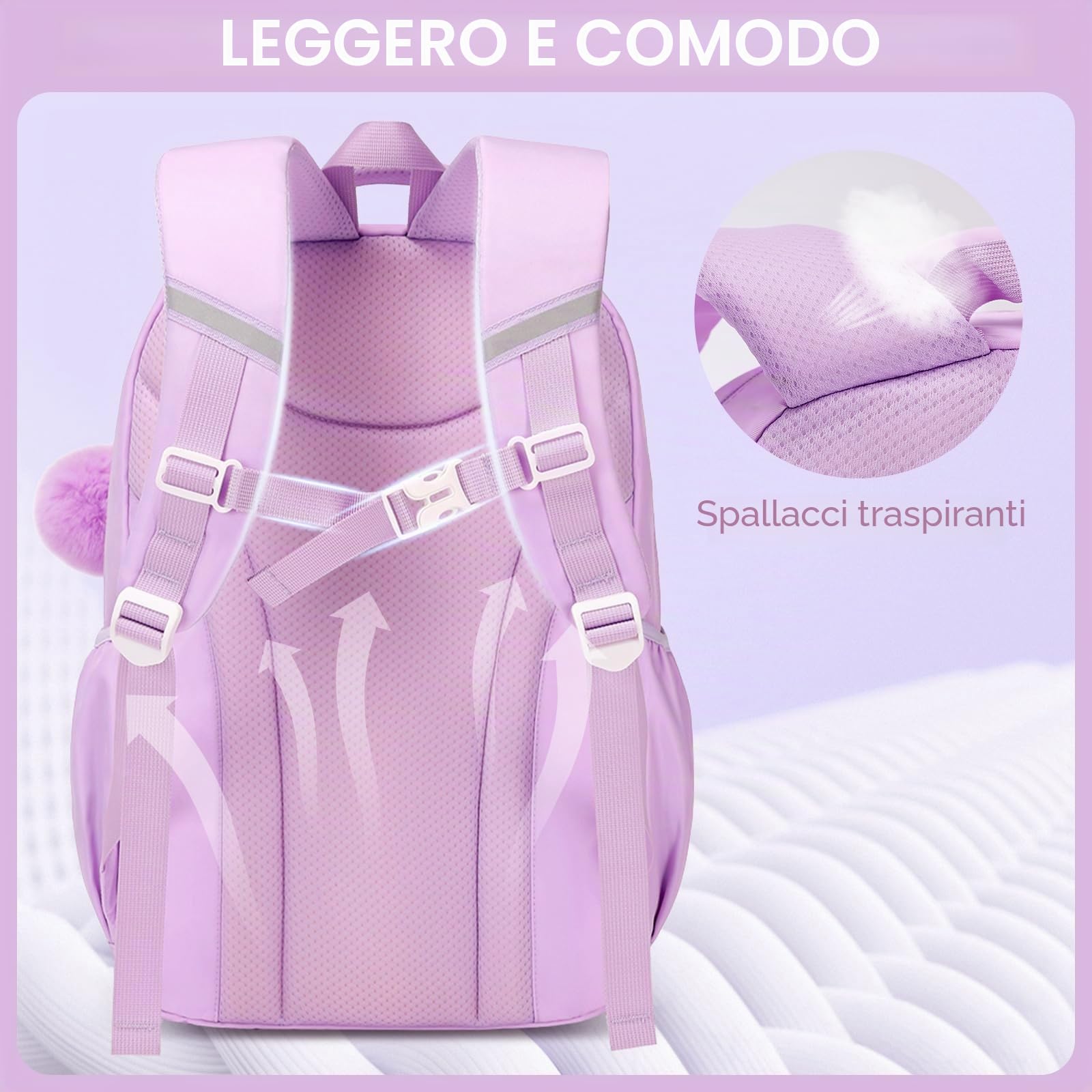 Amythe Zaino Scuola Elementare Bambina Traspirante, 7-12 anni | Zaini per Bambini dalla Prima alla Quinta Elementari, Zaino Ragazza in Nylon Impermeabile con Ciondolo, Viola