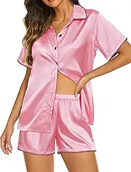 Conjunto de pijama feminino de cetim de seda, manga curta, abotoado, aconchegante, 2 peças, conjunto de shorts