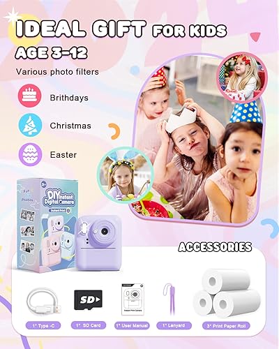 Miniatura 7 de Cámara de impresión instantánea para niños, cámara digital para selfie de doble lente para niños, regalos de cumpleaños de Navidad, juguetes para