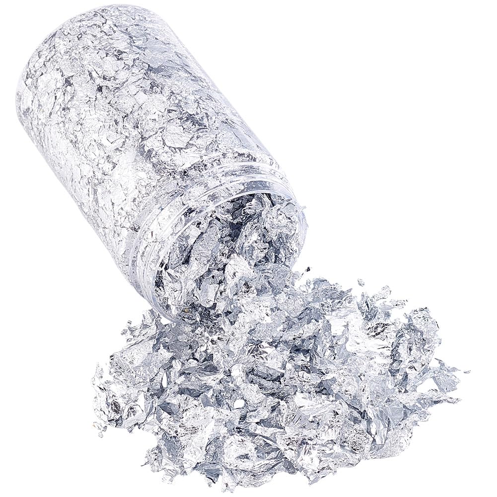 Beebeecraft 1 Bottle Silver Leaf Flakes, 10 Grams Metallic Foil Flakes Imitation Silver Leaf Kit for Resin Nail Painting Art Craft Jewellery Making Decoration
