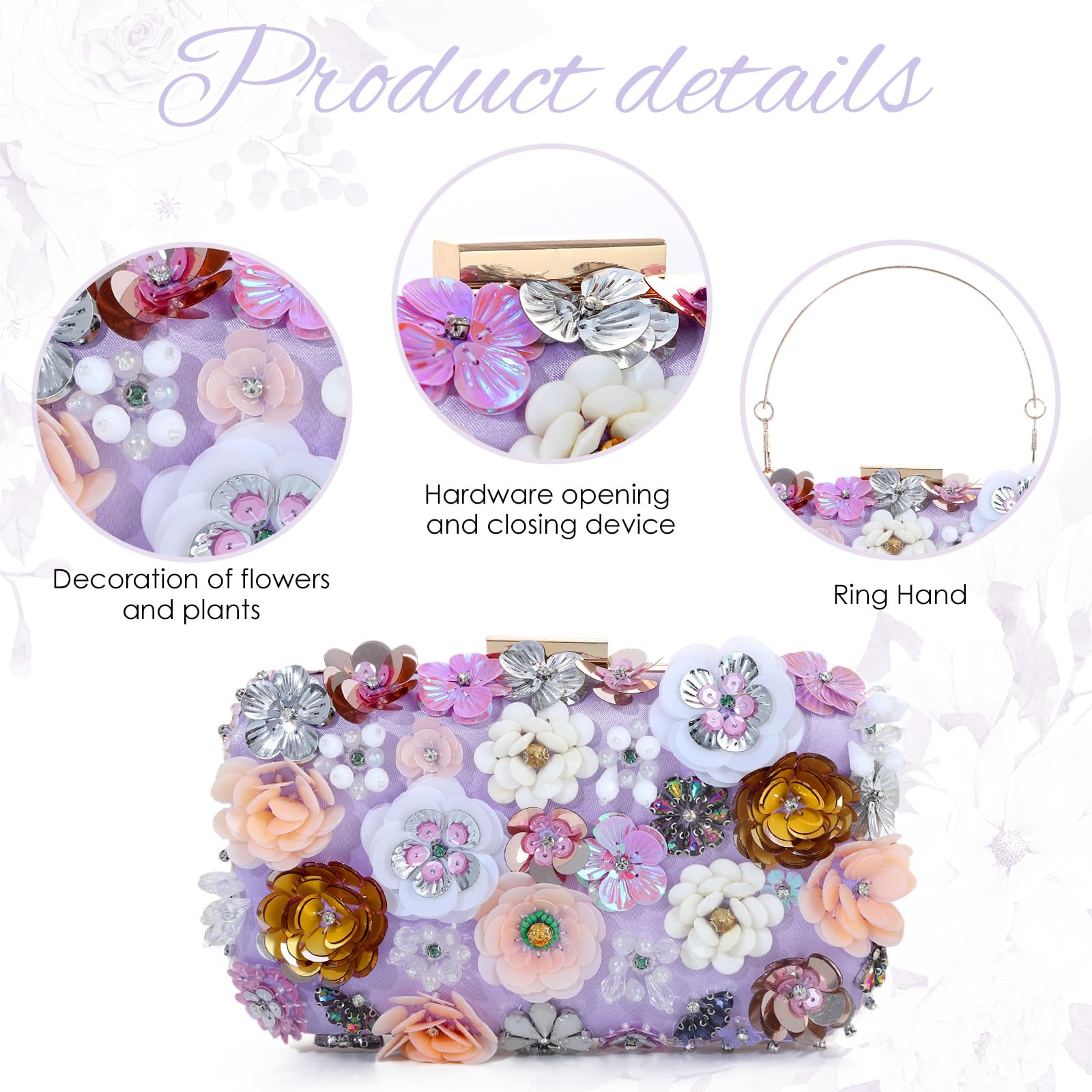EVEOUT Clutch de 3D Flores Mujer Elegante Bolso de Mano de Noche de Cristal con asa y Cadena para Boda Fiesta Baile