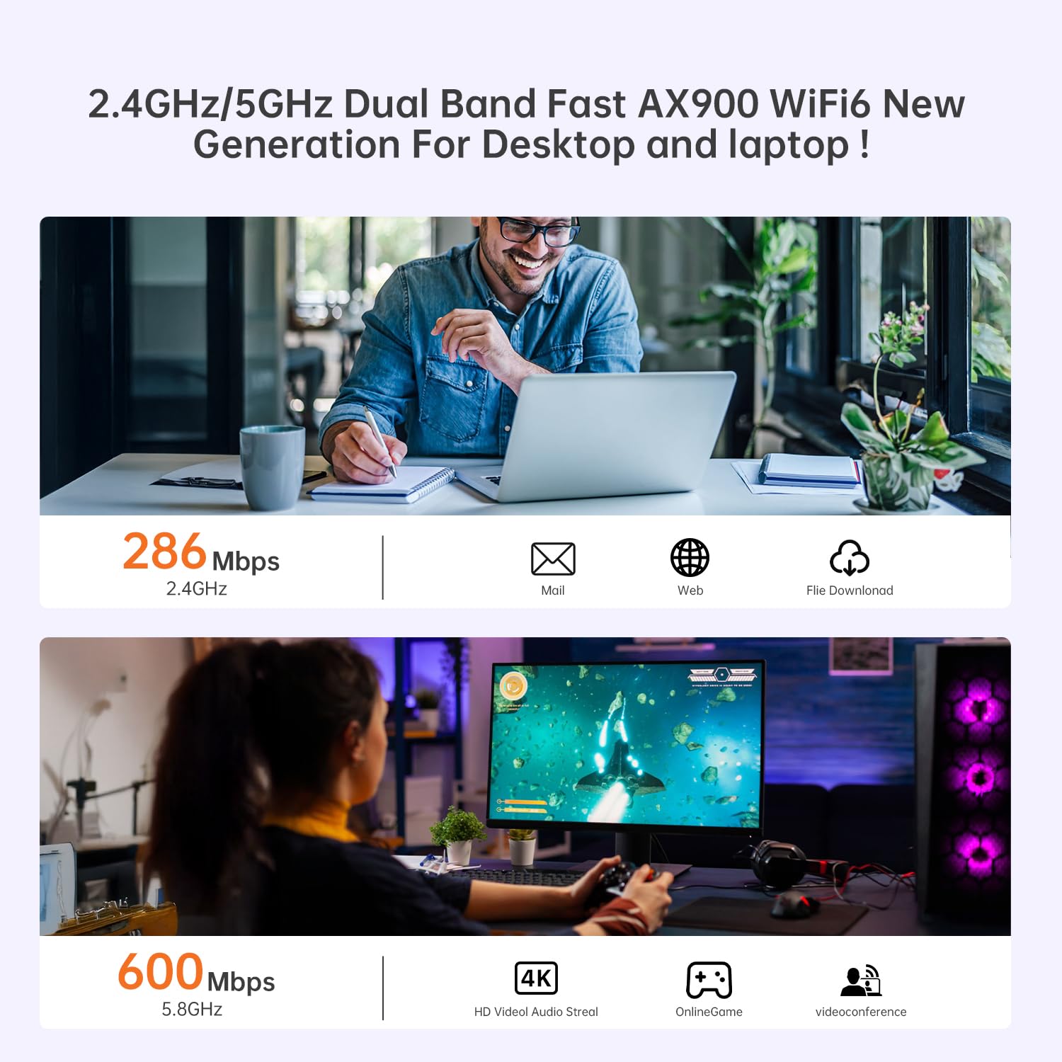 AX900 WiFi 6 USB WiFi Dongle, Bluetooth WiFi Adapter for PC Desktop, Dual Band 5GHz & 2.4GHz WiFi Adapter, High Gain Antenna, Built-in Driver for Windows 10/11, WPA3 Security, Easy Setup — view 5