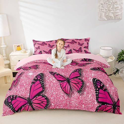Miniatura 2 de Funda de edredón de mariposa rosa tamaño individual, funda de edredón con purpurina para niñas, 2 piezas para decoración de habitación de niños y