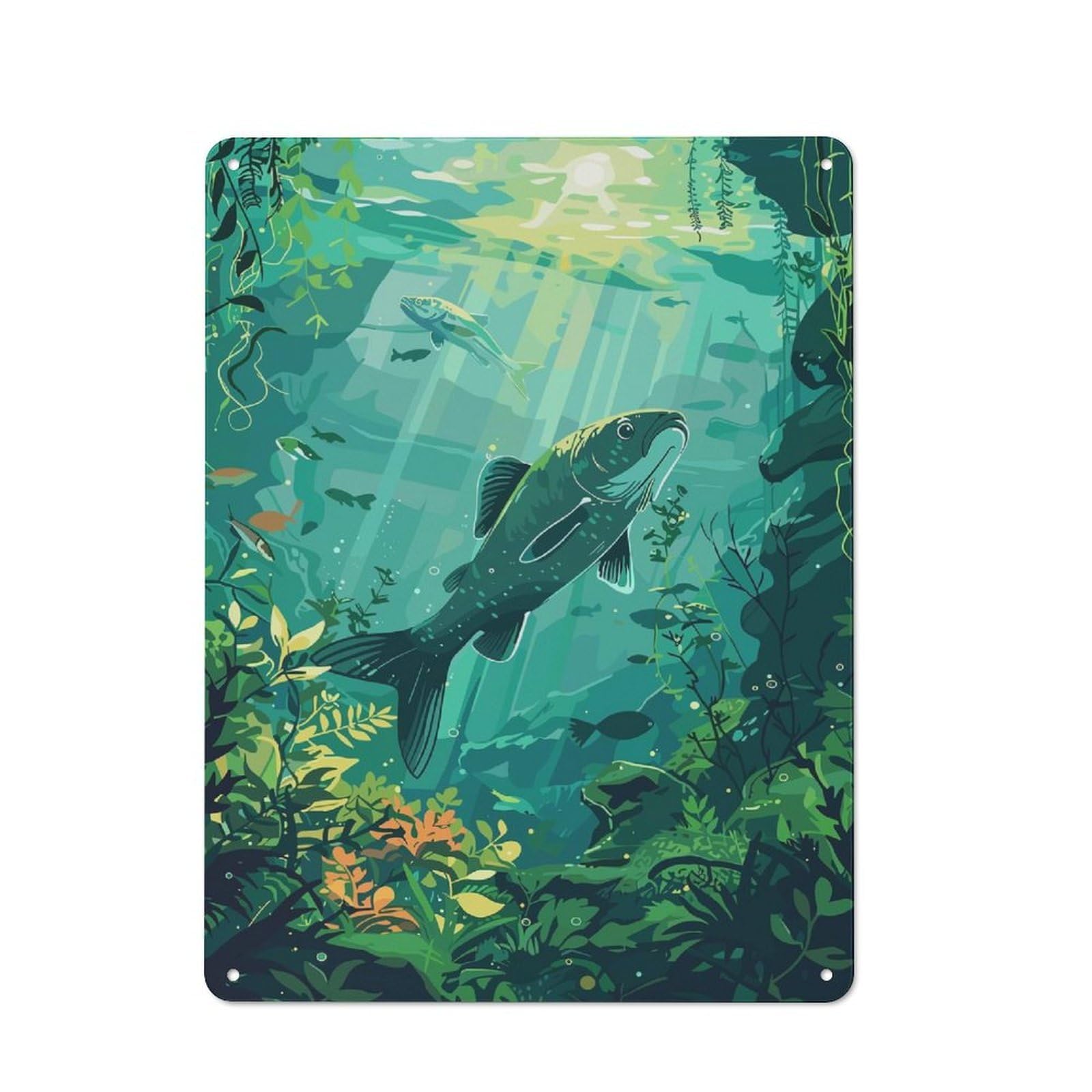 Junmoney Style-14 Retro Metal Wall Plaque 40X30cm Featuring Underwater Fish Scene, Room Wall Plaque For Hallway, Home Bar, Garage Or Study