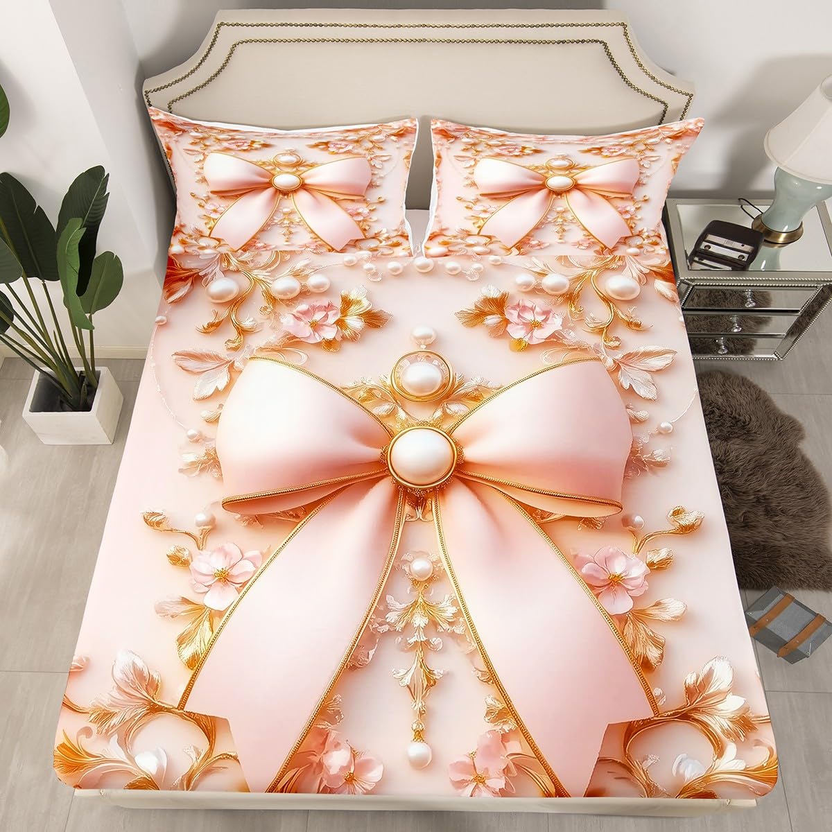 Erosebridal Royal Pink Bowknot Bed Sheets Princess Butterfly Knot Bow Tie Twin Fitted Sheet, Romance Dreamy Sheets for Kids Girls Dreamy Floral Sheets for Bedroom Decor, 2 Pieces