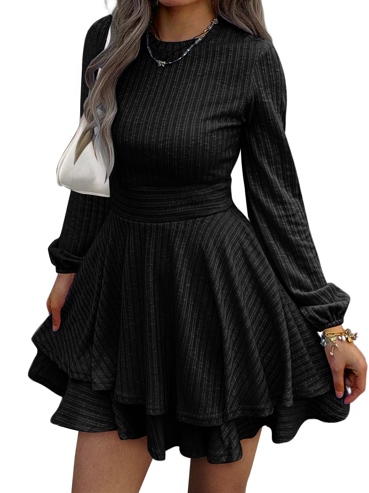 Womens Long Sleeve Knit Dress Casual Lantern Sleeve Crewneck Ruffle Short Flare A-Line Mini Sweater Dress
