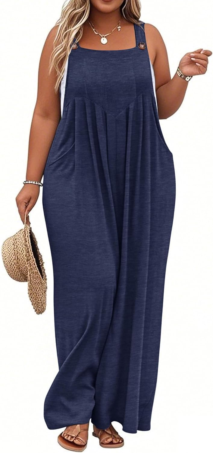 TAKEYAL Women's Plus Size Jumpsuit Overalls Wide Leg Casual Summer Rompers Adjustable Loose Fit Jumpsuits With Pockets 2026