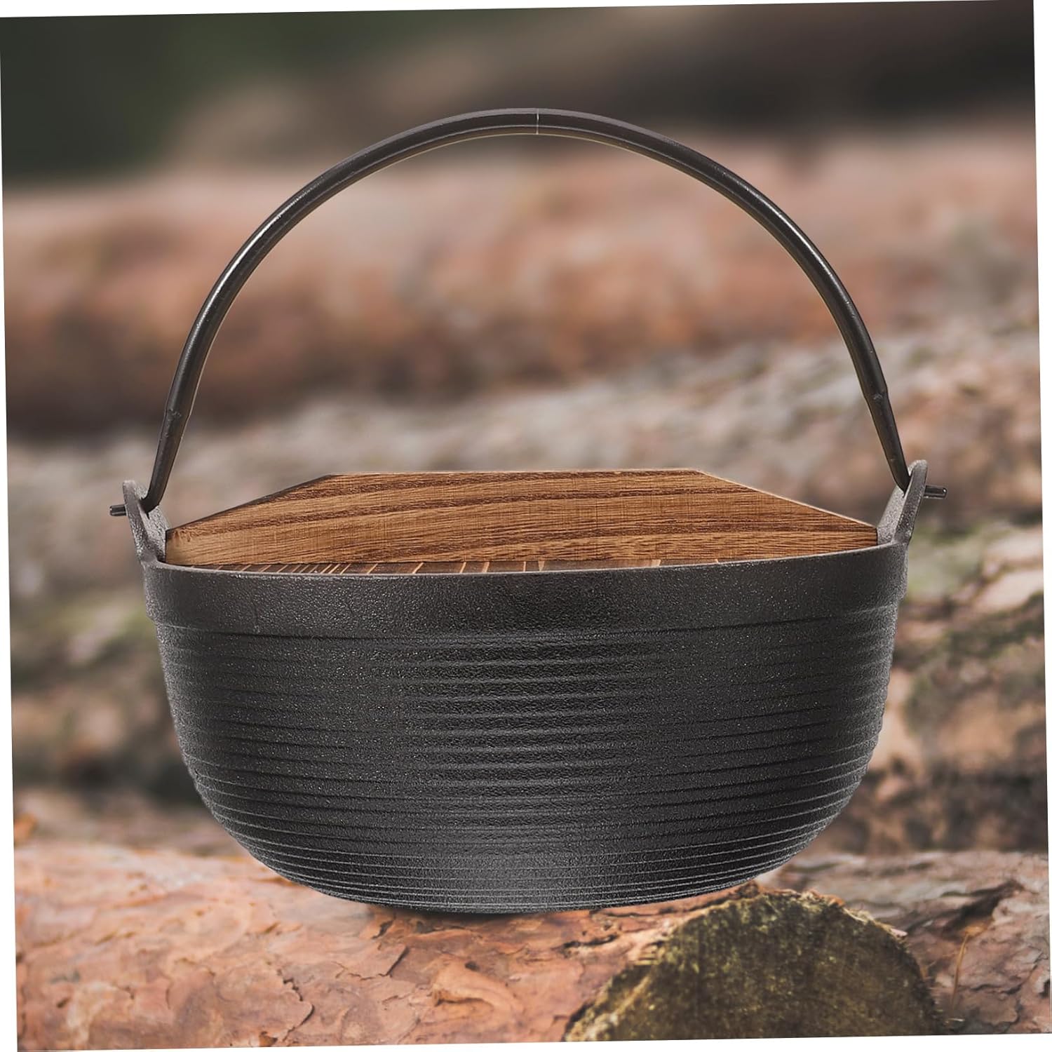 Japanese Iron Soup Cooking Pot Wooden Lid Multi-use Nonstick Outdoor Camping Cookware for Soup and Stews Thick Design for Backpacking and Picnics