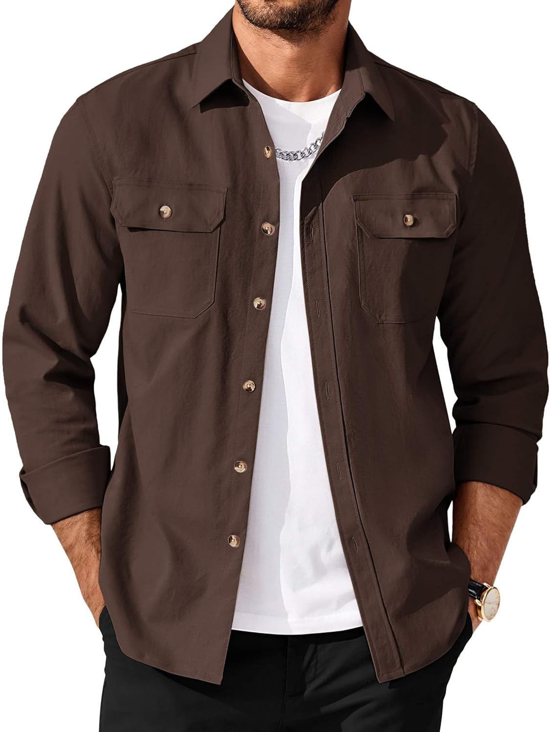 COOFANDY Men's Long Sleeve Button Up Shirt Jacket with Flap Pockets