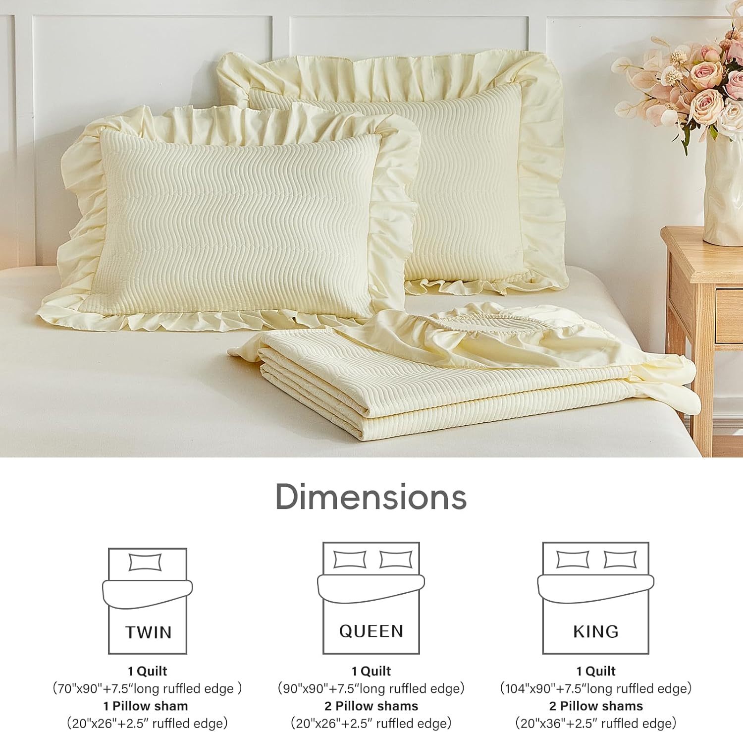 Flysheep 3 Pieces Yellow Quilt Set Queen Size, Wide Ruffled Fringe Lightweight Bedspread Bedding Set for All Season (1 Quilt + 2 Shams)