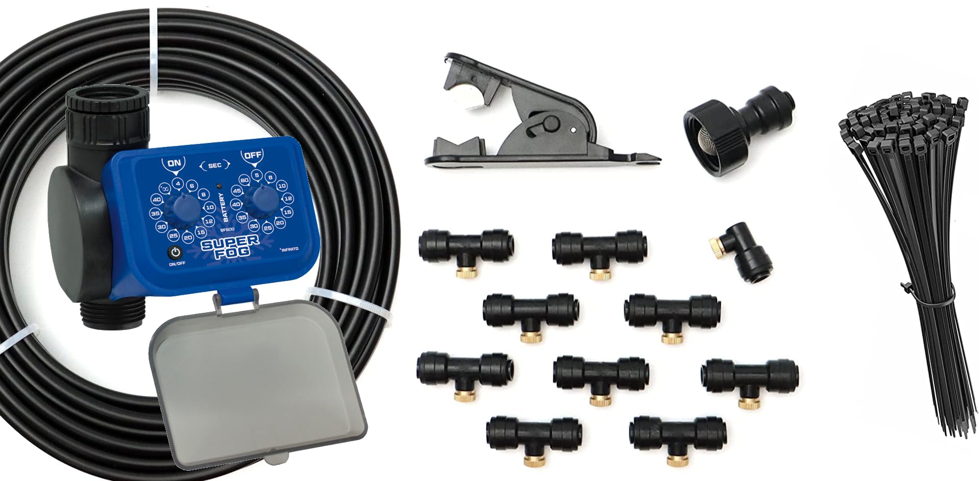 Kit de Nebulizador para Terraza con Programador. Compuesto por: 10 Toberas de Latón de enfriamiento, 12 Metros de Tubo Negro, 50 Bridas, 1 Cortatubos, 1 Enlace de grifo y Programador