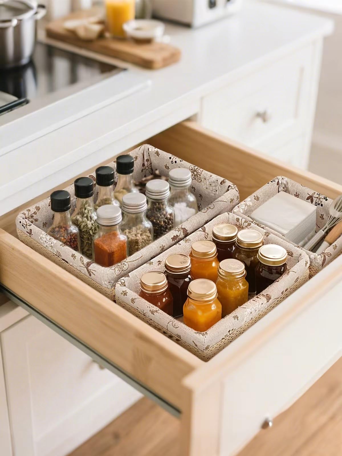 Amaredom Cestini in Vimini Floreali, Set di 3 Cestini Portaoggetti Intrecciati a Mano di Diverse Dimensioni, Perfetti per Organizzare, Riporre e Decorare la Casa - Beige