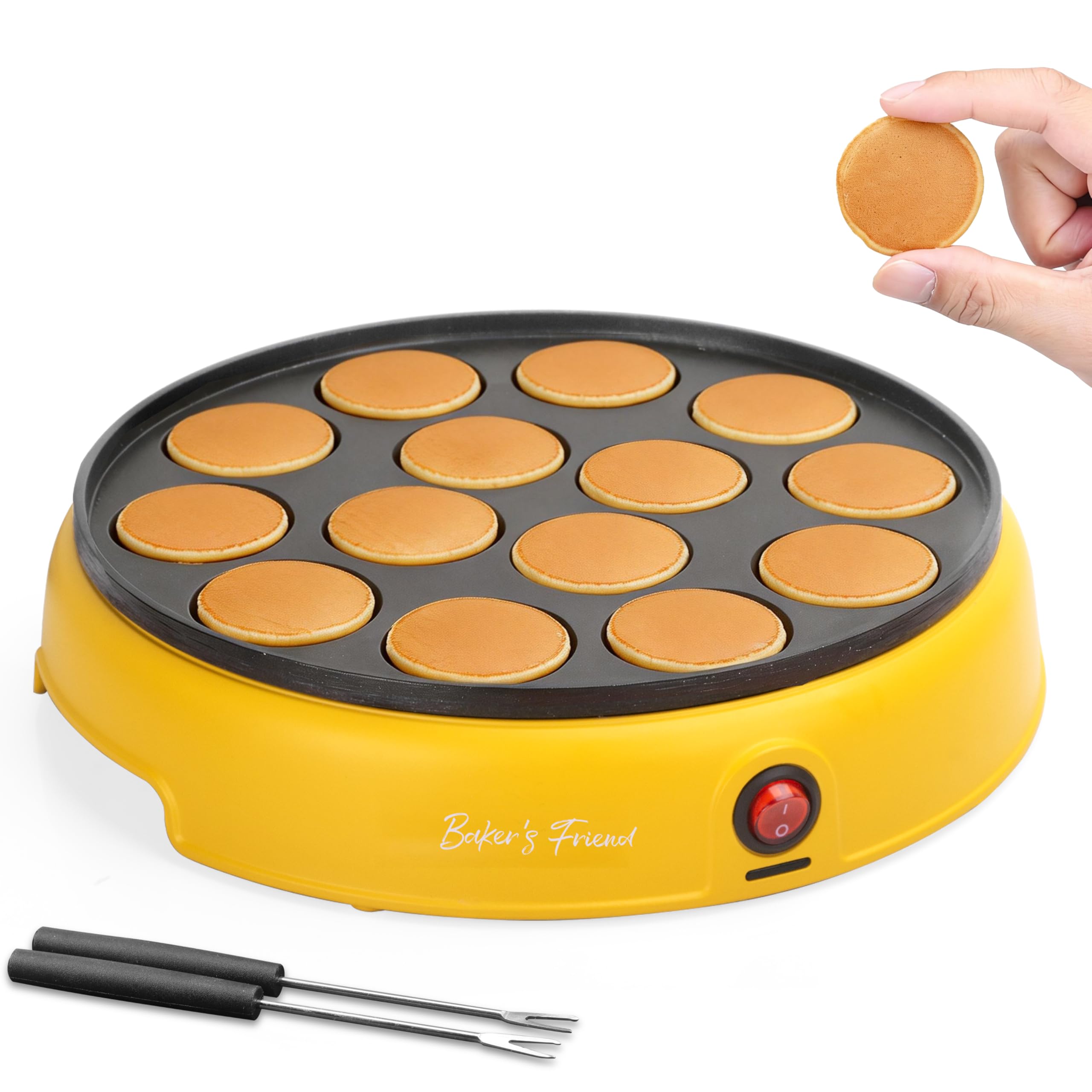 Baker's Friend Mini Pancakes Maker Machine, Dutch Mini Pancake Griddle, 14 Holes Electric Poffertjes Pan, Ideal for Breakfast, Snacks, Desserts & More, Yellow