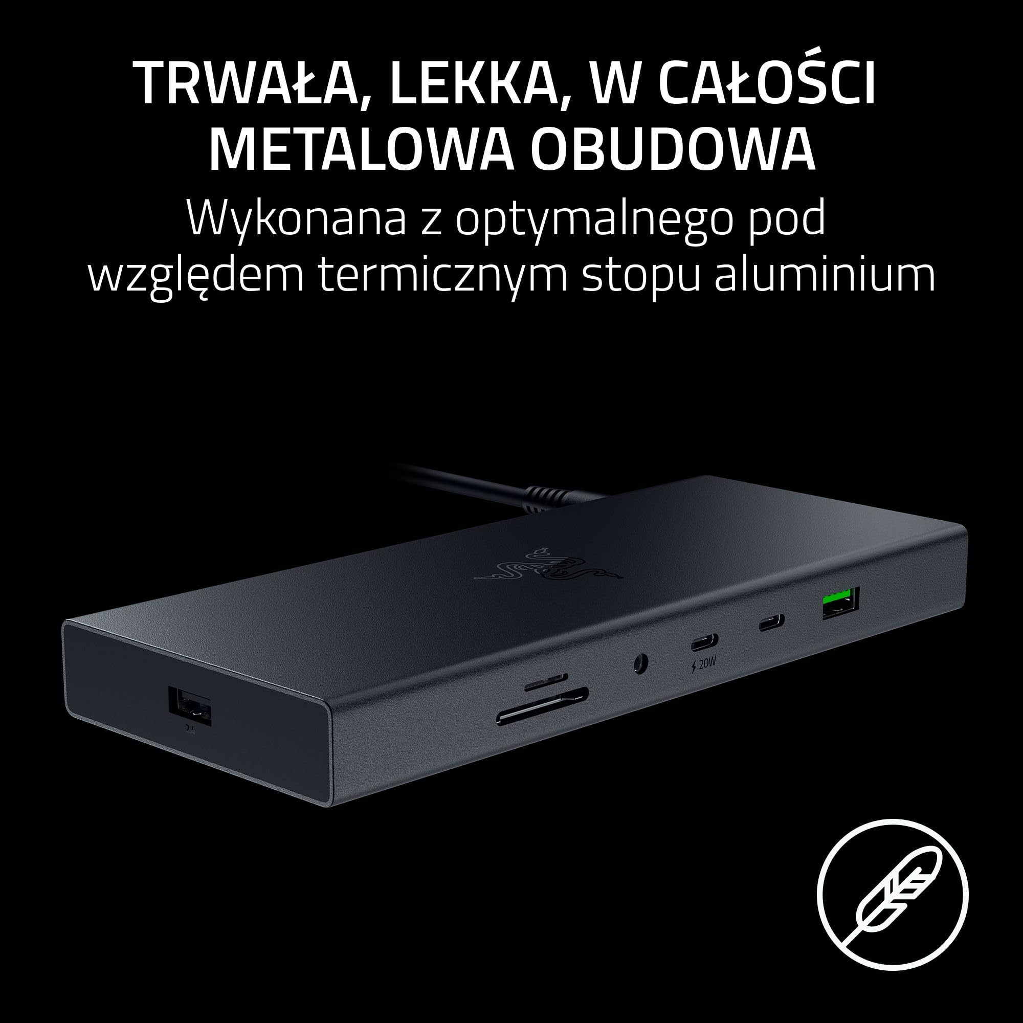 Razer USB 4 Dock - 14-portowa stacja dokująca High-Speed do gier i produktywności - obsługa dwóch wyświetlaczy, ładowanie urządzeń (3x USB-C, 5x USB-A, HDMI, DisplayPort) Czarny
