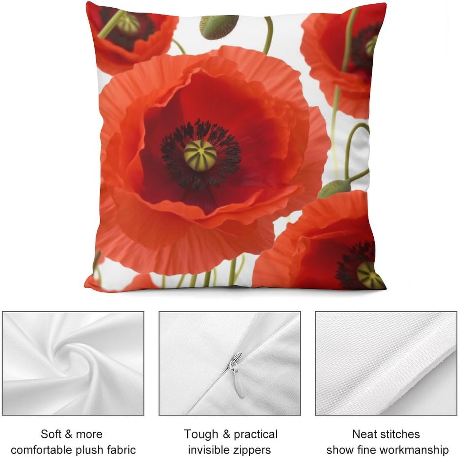 Zippered Pillow Cover, Pillow Protector, Poppy Flowers Printed Pillow Cover of 4, Pillow Not Included