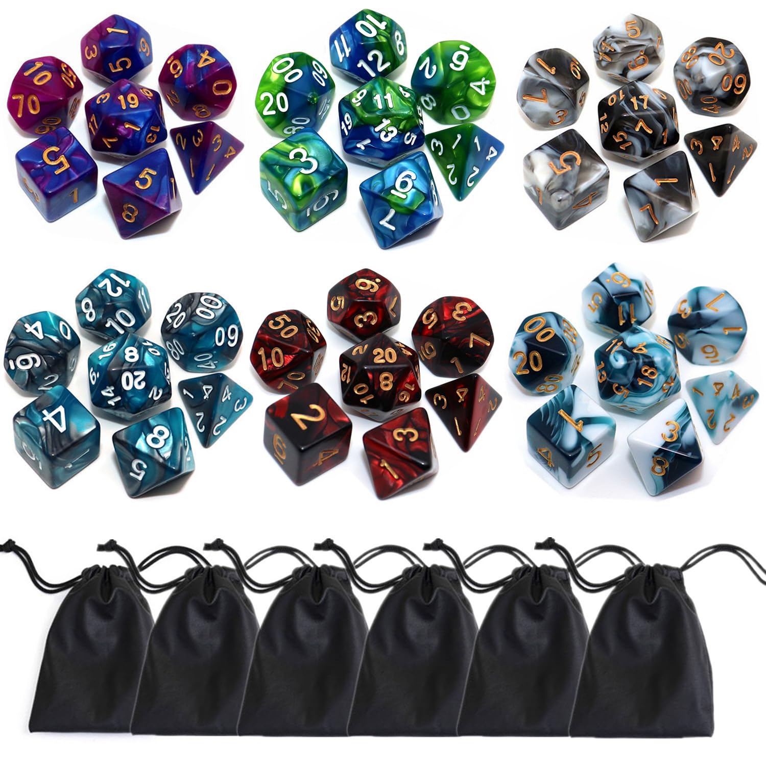 Polyhedral DND Dice Set, 6Pack Double-Colors Dice Sets with D4 D6 D8 D10 D% D12 D20 Compatible with Dungeons and Dragons D&D RPG MTG Table Games (42 Pieces)