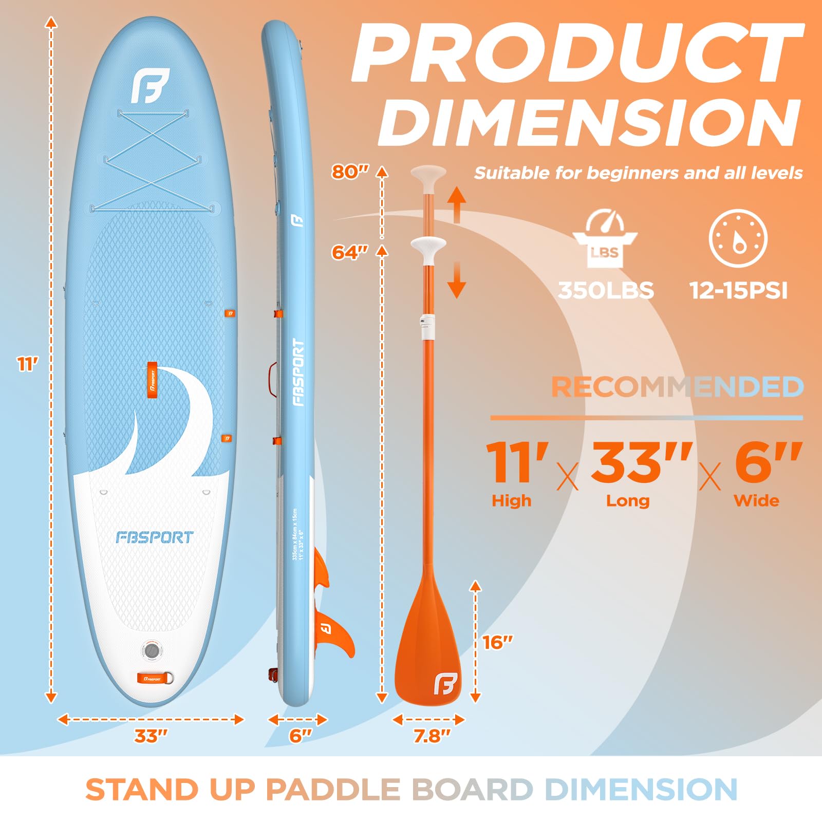 FBSPORT Tavola SUP Gonfiabile SUP 335CM per Adulti e Giovani, Stand Up Paddle Board Spessa 15 cm tavola da Surf tavola da SUP con Pagaia Regolabile, Zaino, Pompa & Pinna Rimovibile Surfboard