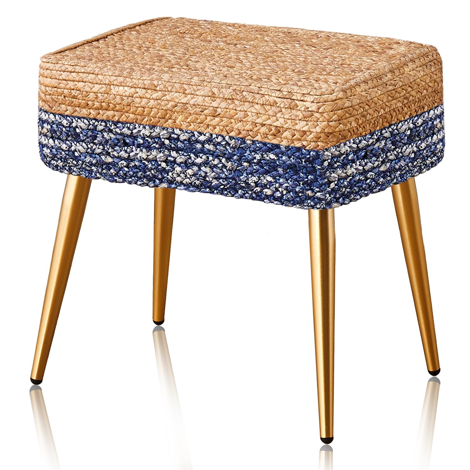 Cpintltr Foot Stool Ottoman Hand Weave Natural Seagrass Footstool Pouf Ottomans Rectangular Footrest for Couch Step Stool Vanity Stool with 4 Golden Legs for Living Room Bedroom Entryway Natural/Blue